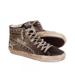 Golden Good - Women's Lace-Up Slide Laminated Star Sneakers (Black/Silver)